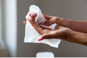 A hand-sanitizing wipe