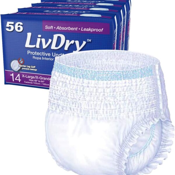 LivDry Adult XL Incontinence Underwear, Extra Absorbency Adult Diapers, Leak Protection, X-Large, 56-Pack