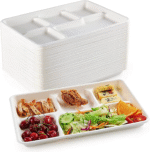 [500 Pack] 5 Compartment Trays 100% Compostable Paper School Bagasse Lunch Trays