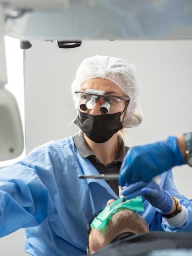 Surgical headlight being used during a medical procedure