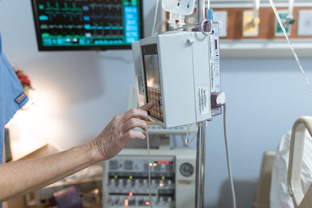 An infusion pump is used in a hospital setting