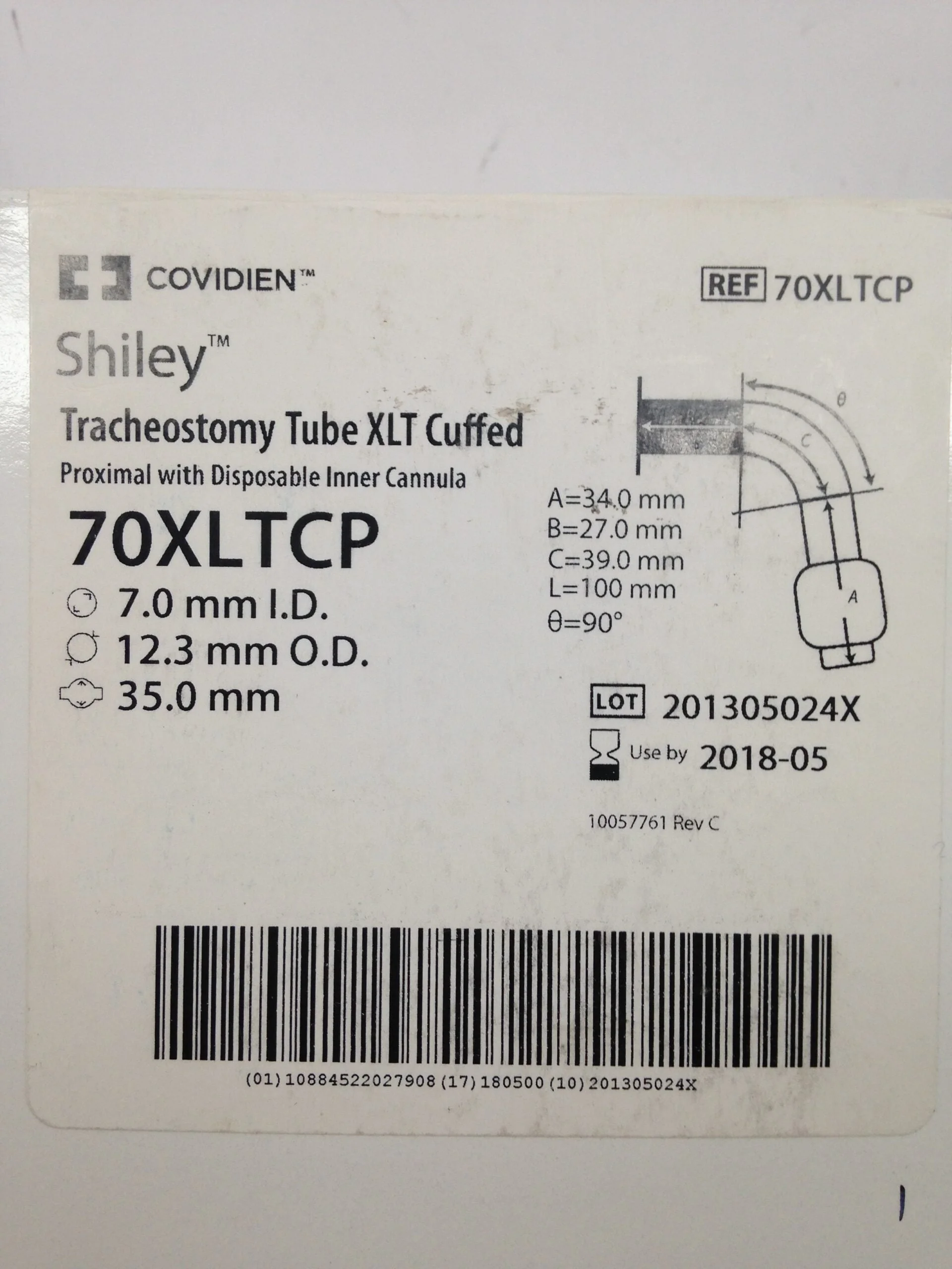 Shiley 70XLTCP Extended-Length Tracheostomy Tube, 7 ID x 12.3 mm