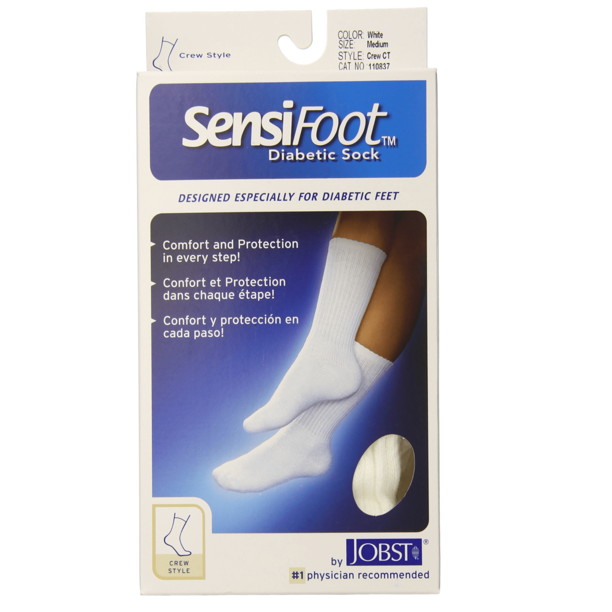 SensiFoot Crew Length Mild Compression Diabetic Sock Medium, White