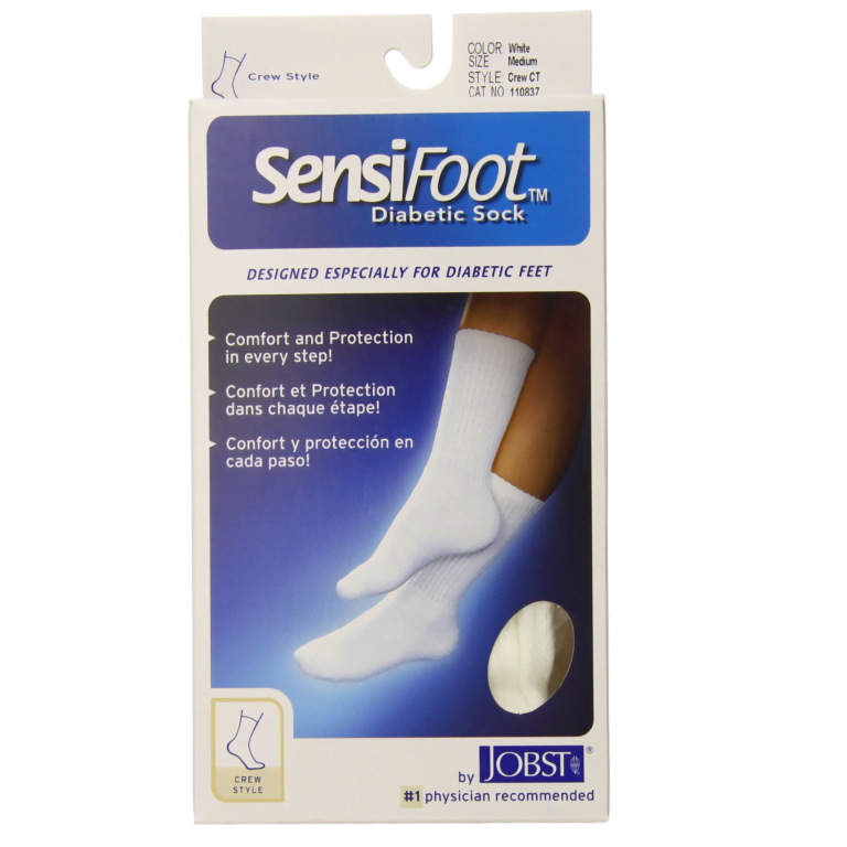 SensiFoot Crew Length Mild Compression Diabetic Sock Medium, White