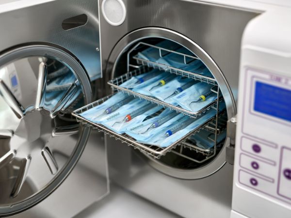 Medical instruments are being sterilized using an autoclave sterilizer 