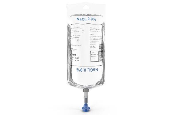 0.9% sodium chloride solution in an IV pack