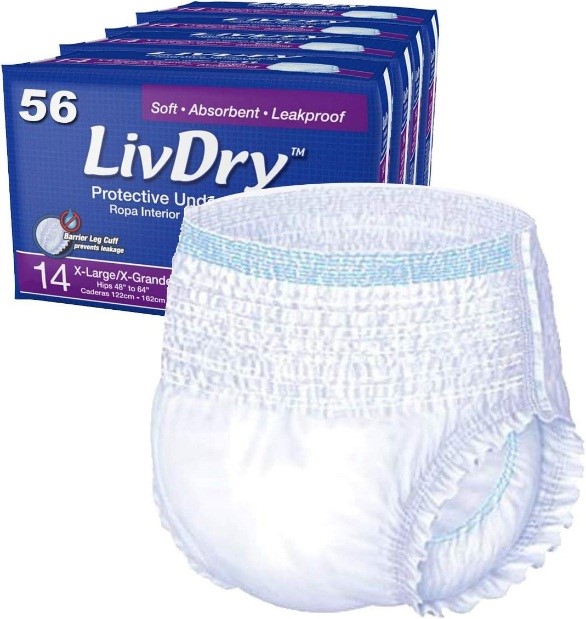 LivDry Adult XL Incontinence Underwear, Extra Absorbency Adult Diapers, Leak Protection, X-Large, 56-Pack