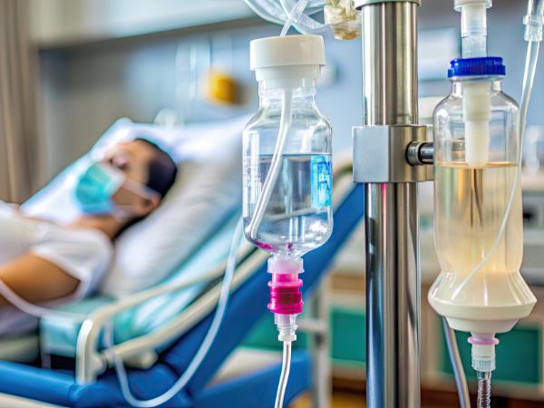 An intravenous drip set is being employed for IV solution administration