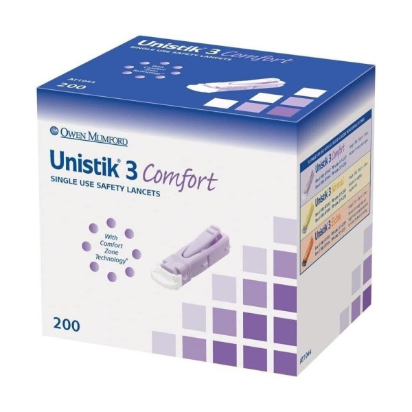 Unistik 3 Comfort Side-Activated Safety Lancets 28G x 1.8mm – Comfortable and Gentle, 200 Count per Box (20 Boxes per Case)