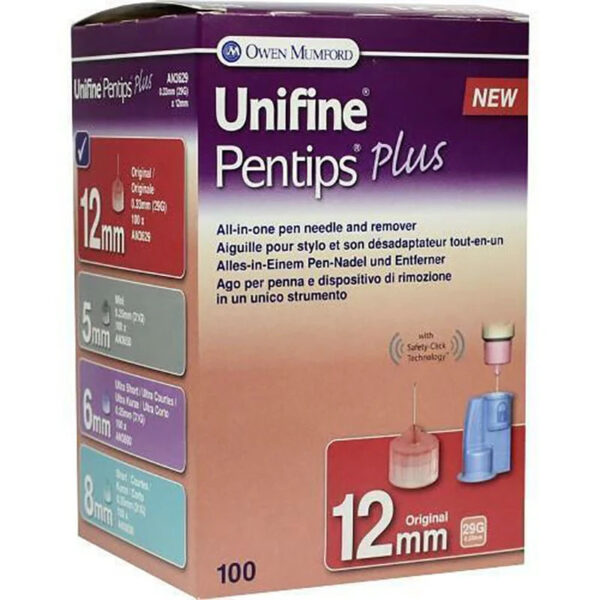 Unifine Pentip Plus Pen Needles 12mm x 29G – 100 Count per Box (24 Boxes per Case) – With Safety Removal Chamber