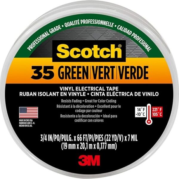 3M Scotch 35 Vinyl Electrical Tape – Reliable and Durable Color Coding, 3/4 in x 66 ft, Green