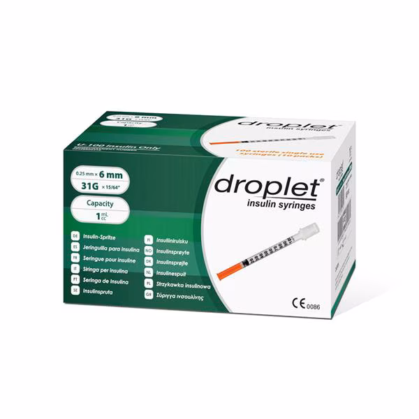 Droplet 6003 Insulin Syringe 1 mL, 31G x 6 mm – 100 per Box