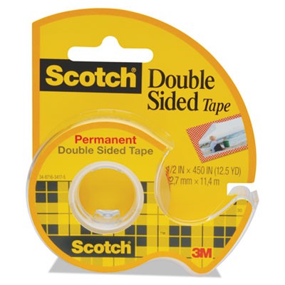 231256 3M Double-Sided Tape with Dispenser – Strong and Permanent Bonding, 1/2 in x 450 in, Clear