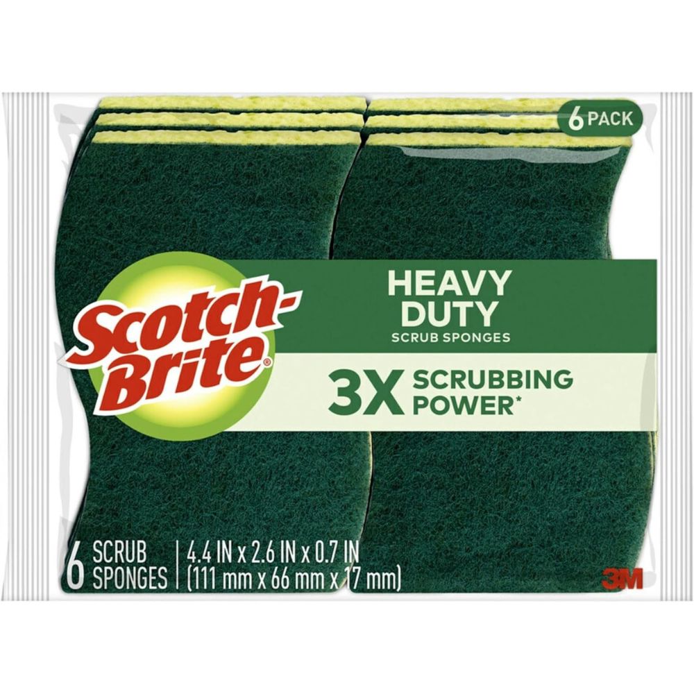 Untitled design - 2025-10-09T205618.300 3M Scotch-Brite Heavy-Duty Scrub Sponge – Tough and Durable Cleaning, 4.5 in x 2.7 in x 0.6 in, Green/Yellow, 6 per Pack