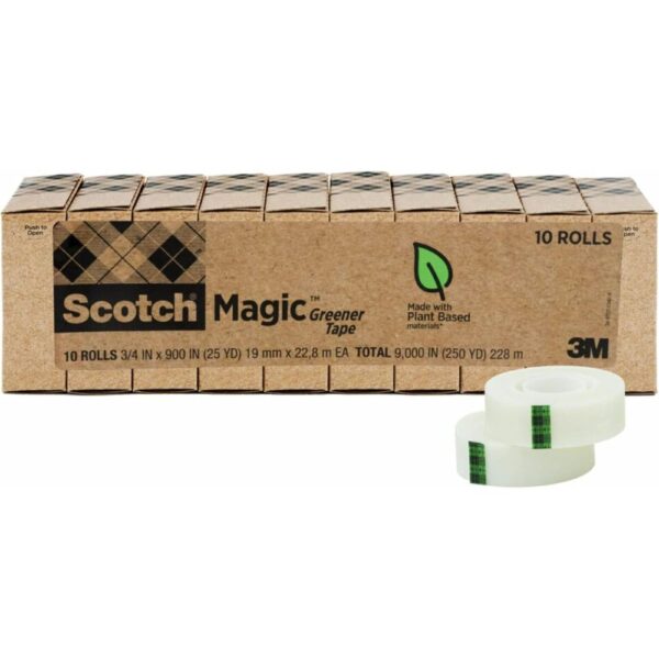 3M Eco-Friendly Tape – Sustainable and Reliable Sealing, 3/4 in x 900 in, 1 in Core, Clear, 10 Rolls per Pack