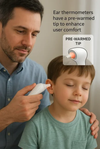Ear thermometers have a pre-warmed tip to enhance user comfort Ear thermometers have a pre-warmed tip to enhance user comfort