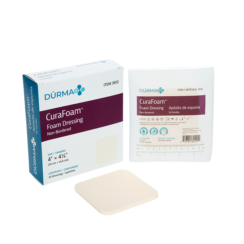 3012_curafoam_BX-IN-pad_72dpi.png Dynarex 3012 CuraFoam - Foam Dressing, 4" x 4.25", 12/10/cs