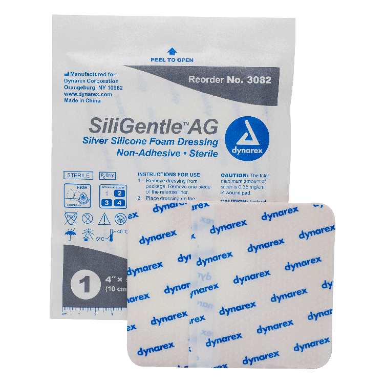 3082.png Dynarex 3082 SiliGentle AG - Silicone Foam Dressing, 4" x 5", 5/10/cs