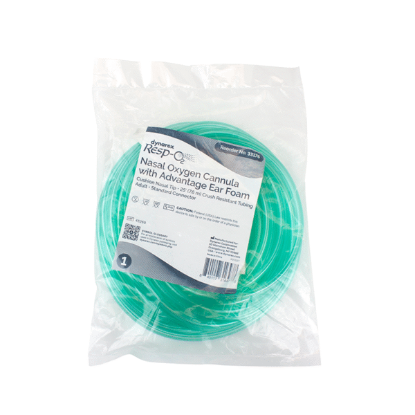 Dynarex 33176 Nasal Oxygen Cannula Cushion Tip w/Advantage Ear Foam w/ 25', Adult/Standard Connector, 25/cs