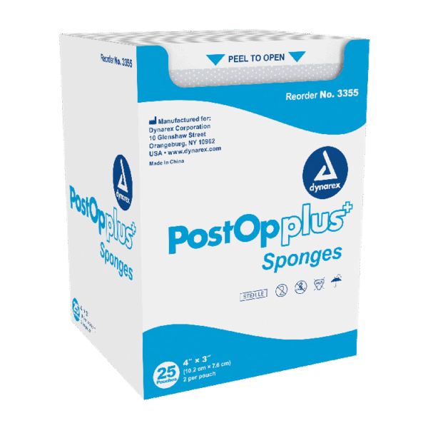 Dynarex 3355 Post Op Plus Sponge, 4" x 3" 8 Ply, 24/25/cs