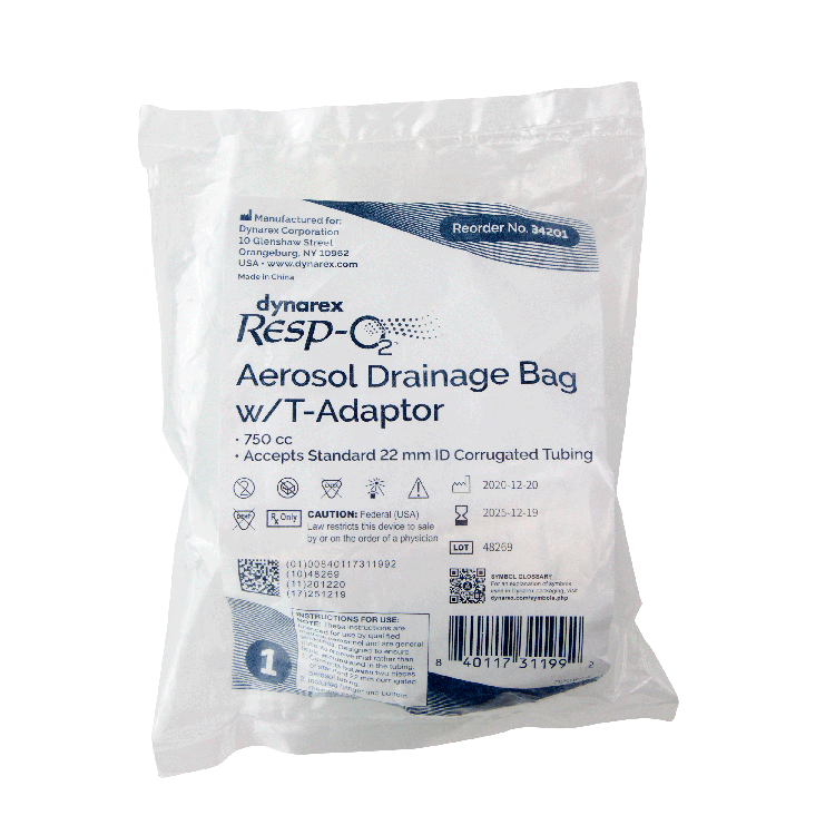 34201_Aerosol_drainage_bag_with_T_adaptor_packaging.png Dynarex 34201 Aerosol Drainage Bag w/ T-Adaptor, 750 cc, 50/cs