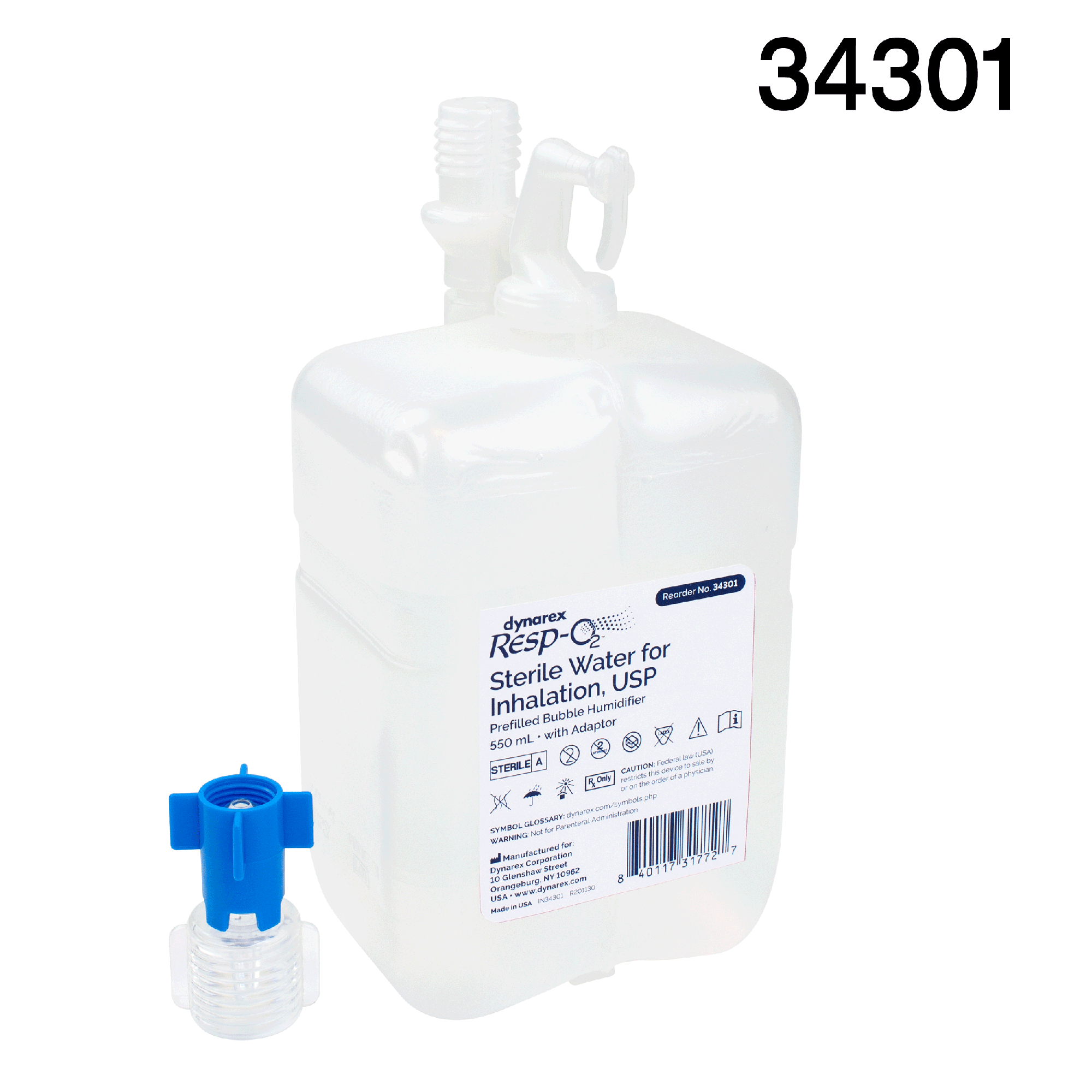 34301.png Dynarex 34301 Sterile Water for Inhalation, USP, Prefilled Bubble Humidifi, 550 mL w/ Adaptor, 12/cs