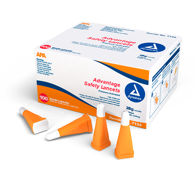 Dynarex 7134 Advantage Pressure Activated Safety Lancets - Sterile, 28G, 1.8 mm, 10/100/cs