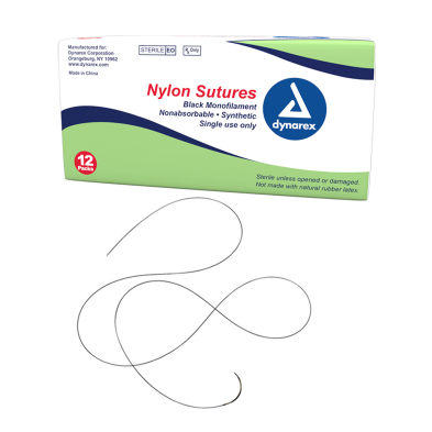 Dynarex 9103 Nylon Sutures-Non Absorbable - Synthetic, Black, 4-0, C6 Needle, L-18", 12/bx