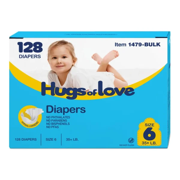 Dynarex 1479-BULK Hugs of Love Diapers, Size 6, 35+ lb, 128/cs