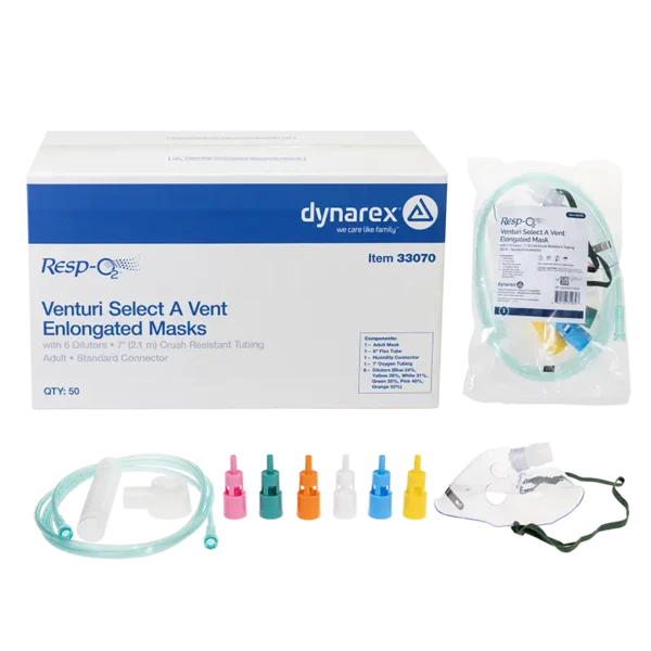 Dynarex 33070 Venturi Select A Vent Elongated Mask w/7 dilutors 7' (2.1 m), Adult, Standard Connector, 50/cs