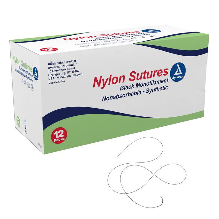 Dynarex 9102 Nylon Sutures-Non Absorbable - Synthetic, Black, 5-0, C6 Needle, L-18", 12/bx