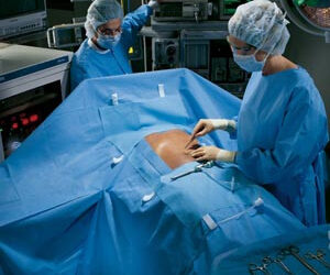 Laparotomy Pack VII, Sterile Pack Contains: (1) Laparotomy Drape, 104" x 76" x 120", (1) Large ULTRA Surgical Gown with Towel (in Overwrap), (1) Large ULTRA Fabric-Reinforced Surgical Gown with Towel, (1) Back Table Cover, 44" x 90", Zone-Reinforced, (1) Mayo Stand Cover, Reinforced, 23" x 54", (1) Suture Bag, 7/cs